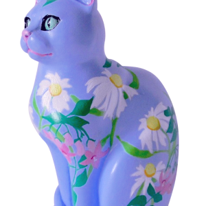 White Flowers on Blue small cat (Hand Painted Resin Cat - Collectible Figurine)
