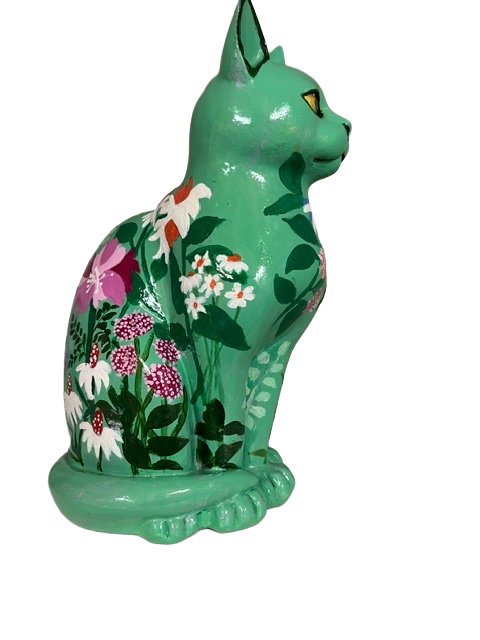 Green small cat with flowers(Hand Painted Resin Cat- Collectable figurine) - Image 2