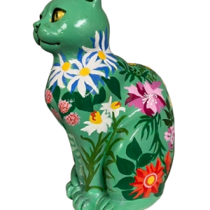 Green small cat with flowers(Hand Painted Resin Cat- Collectable figurine)